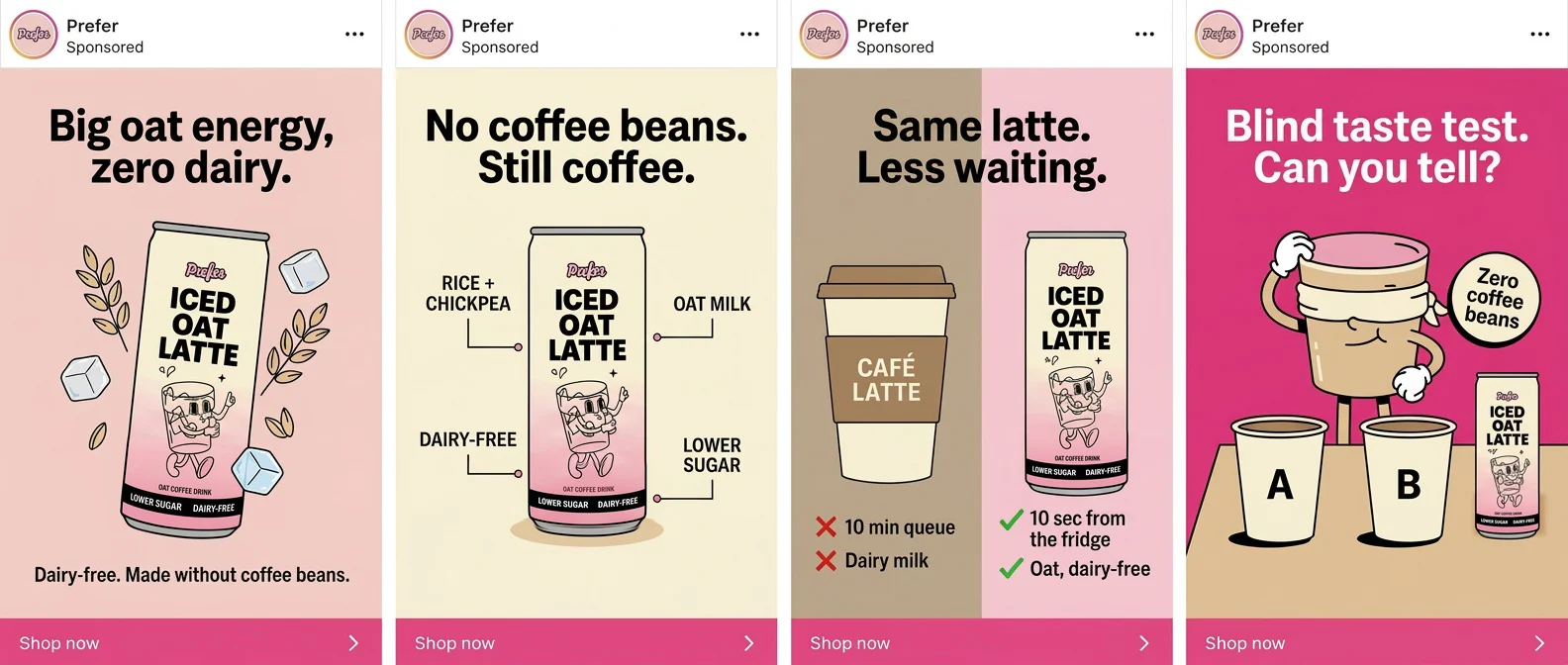 Sample batch of four illustrated ads for the Prefer Iced Oat Latte can: Big oat energy, zero dairy hook, ingredient diagram, café latte vs Prefer split, and a blind taste test card