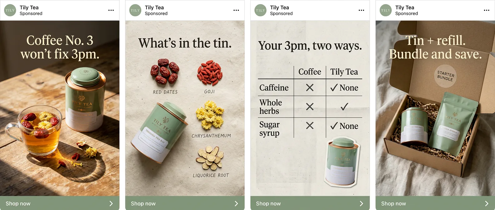 Sample batch of four ads for the Tily Tea Through The Day tin: sunlit table photo with herbal tea, ingredient flatlay, coffee vs Tily Tea scorecard, and tin plus refill in a mailer box